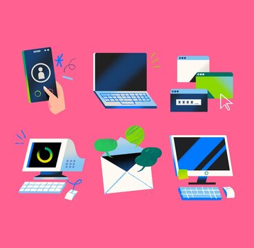 Colorful Phone Laptop Communication Emails Security Browser Password Spot Illustration Set 