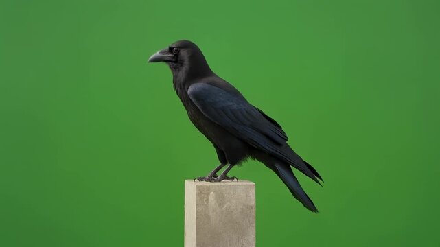 Black crow perched on wooden post against a vibrant green background with cinematic motion and subtle camera drift