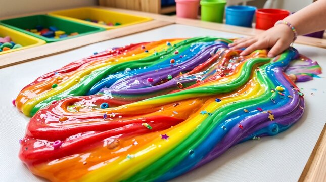 Rainbow slime texture, glossy colorful surface, flowing waves, playful sensory material, children's aesthetic