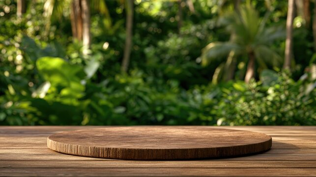 Rustic wooden circle platform foreground with lush, blurred tropical foliage background