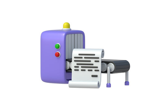 Supply chain documentation. Manufacturing logistics blueprint. Product certification according to ISO standards. Conveyor belt beside paper agreement isolated on white background. 3d render