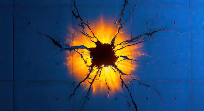 Fiery explosion erupts through cracked concrete wall, casting orange glow