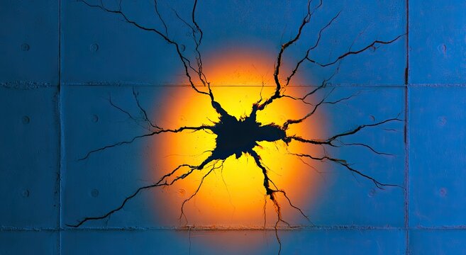 A bright light bursts through a cracked, blue wall, revealing fractured lines