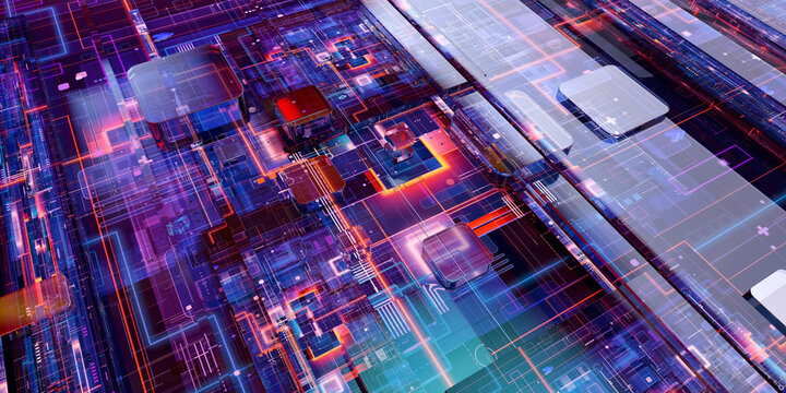 Integrated circuit architecture, abstract digital information multilayer network grid representing data flow, quantum computational systems, virtual infrastructure design. Microprocessor cores, 3D	