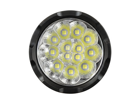 black multi led tactical flashlight head bright illumination device isolated on transparent background