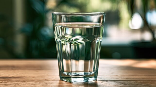 Clear, cool water fills a faceted glass on a wooden surface