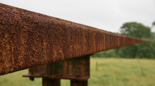 Close-up view of a heavily rusted metal beam extending into the distance outdoors