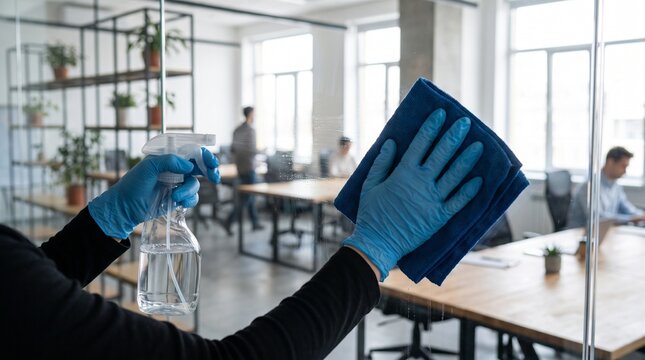 Professional cleaner in blue gloves sanitizing and wiping glass partition in a modern bright office workspace