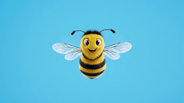 Cute bee animated character with flapping wings in studio lighting against a vibrant blue backdrop during a playful dance sequence