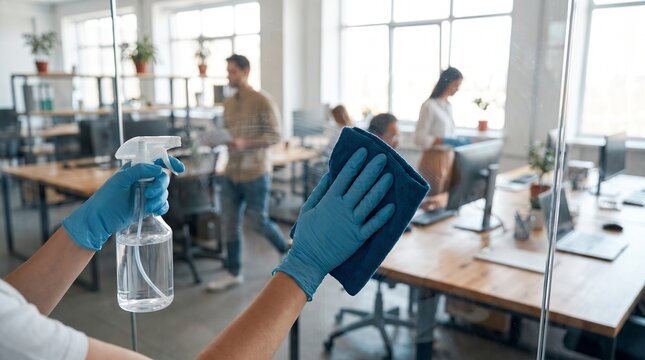 Professional cleaner sanitizing office glass surfaces to ensure workplace hygiene and safety