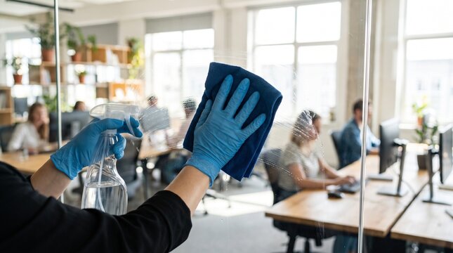 Dedicated staff member in protective gloves meticulously cleans a glass office partition, ensuring a sanitized and safe workspace for all employees during business hours
