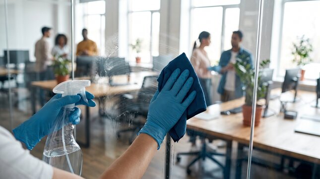 Professional cleaner sanitizing glass partition in a modern open space office environment for hygiene and health