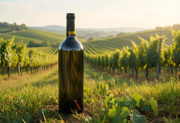Naklejka premium Wine production and viticulture, a bottle of red wine in a vineyard at sunset, winemaking and agriculture