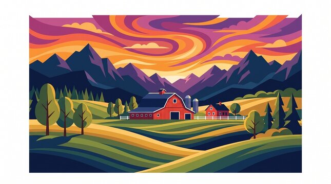 Vintage sunset landscape, stylized mountain scenery, red barn, rolling hills, farm fields, flat vector illustration, rustic pastoral