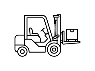 Naklejka premium Warehouse forklift lifting cardboard box outline icon.