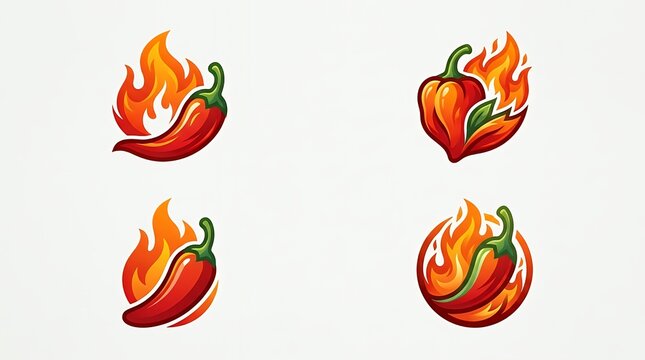 Creative branding marks depicting spicy peppers combined with flame elements for culinary business concepts chilidesign spice hot pepper fire flame food symbol collectionicon brand