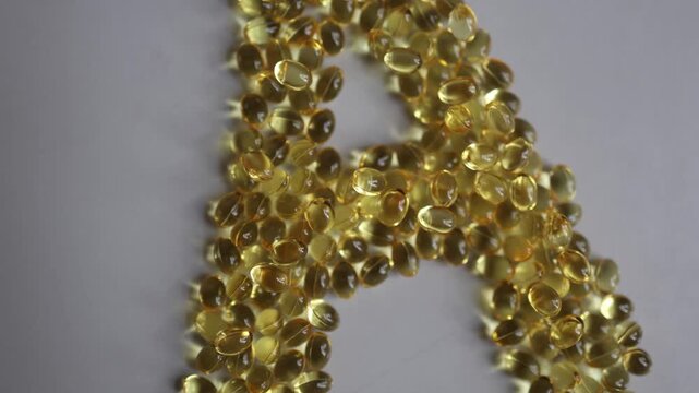 Vitamin A golden softgel capsules in macro closeup showing translucent supplement pills with selective focus for nutrition wellness healthcare and healthy living concepts