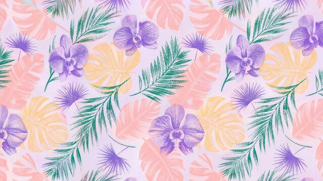 Tropical seamless pattern with purple orchids and palm leaves. Pastel floral background for summer textiles. Exotic botanical wallpaper design.