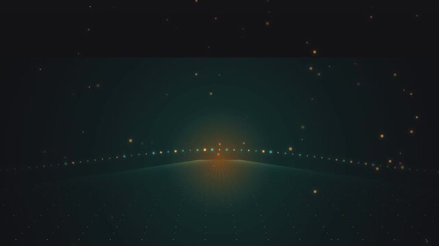 Digital landscape with flowing neon light wave and glowing particles on grid background