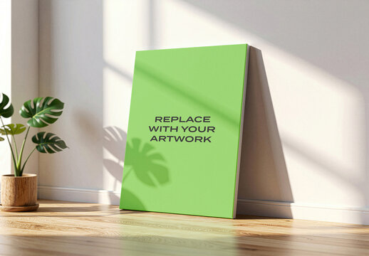 Vertical canvas print mockup leaning against a white wall on wooden floor, natural sunlight illuminating the scene with an indoor plant and leaf shadow, Template