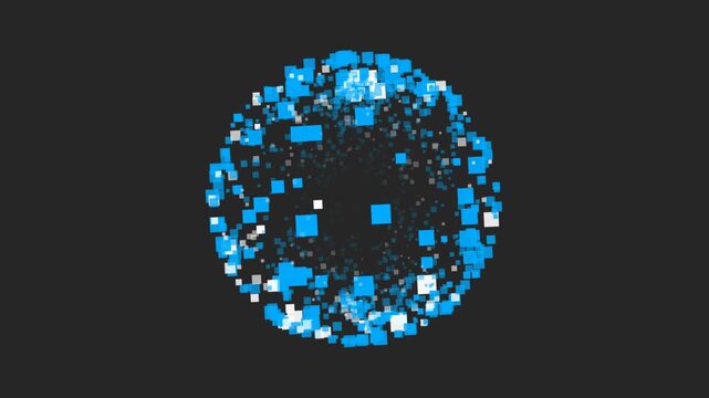 Futuristic blue and white cube sphere rotating on a dark background tech motion graphic