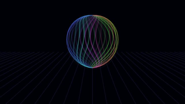 Glowing rainbow wireframe sphere rotating over a retro digital grid background