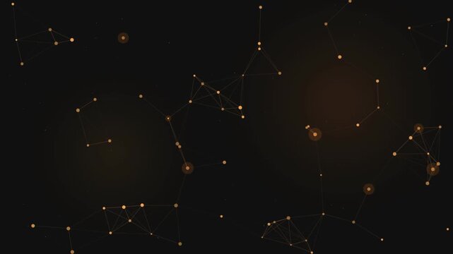 Glowing golden plexus network nodes slowly floating on a dark amber background