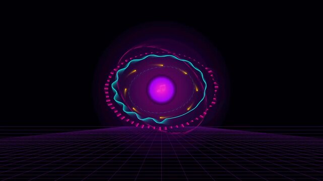 Synthwave style audio visualizer with a glowing music note and neon grid background
