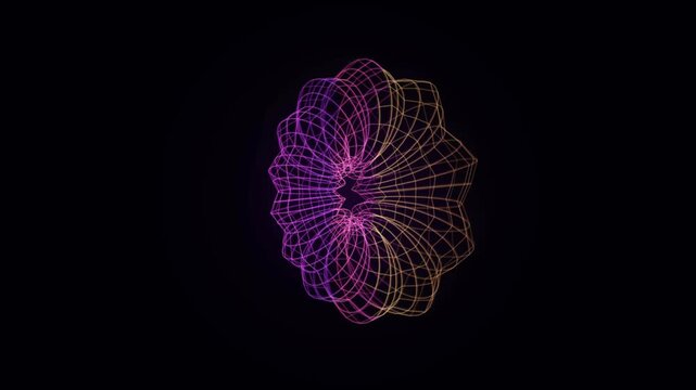 Rotating 3D wireframe torus geometric mesh in glowing purple and yellow gradient on black