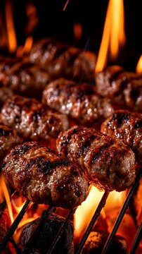 Juicy mici cooking on hot barbecue grill with flames