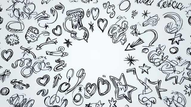 Doodle pattern with celestial and musical elements on white background with black stripes