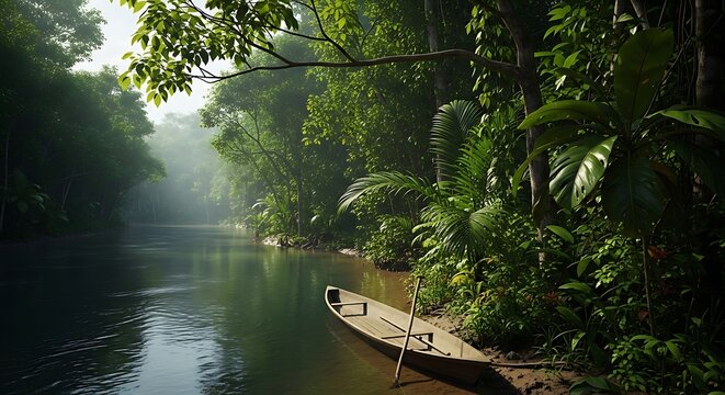 Wooden canoe moored on a misty tropical river bank in the jungle