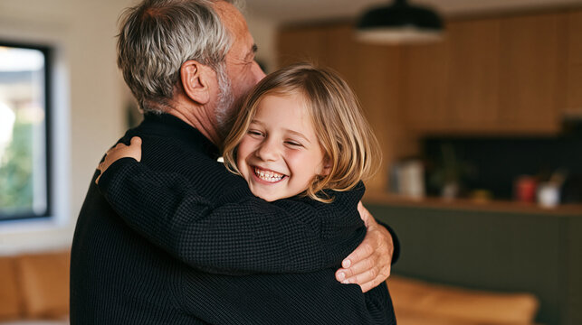 Young granddaughter with a radiant smile embracing her grandfather in a cozy home, intergenerational love, family affection, emotional connection, grandparent relationship,