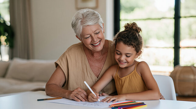 Grandmother and granddaughter coloring together at a bright table, creative activity, intergenerational bonding, art education, childhood development, family quality time,