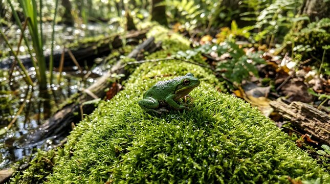 Tiny vibrant emerald toad sitting calmly on a lush green wet cushion of forest moss near a sunlit swamp frog toad moss green nature wildlife amphibian pond swamp forest wetland emerald lush cushion