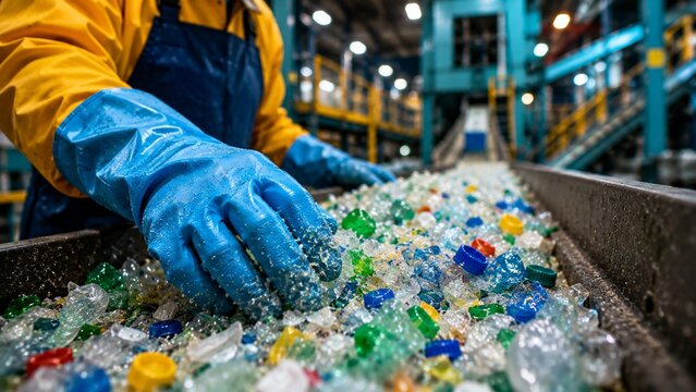 Worker Sorting Plastic Waste on Conveyor at Recycling Facility