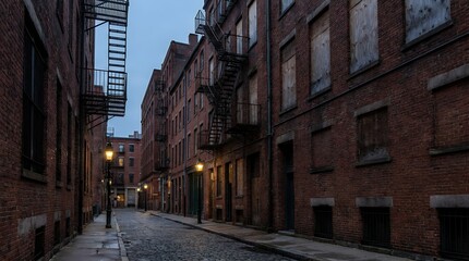 Fototapeta premium Dimly lit narrow urban passage running between historic red brick commercial structures equipped with rustic metal fire escapes and boarded upper windows in a quiet downtown district alley alleyway