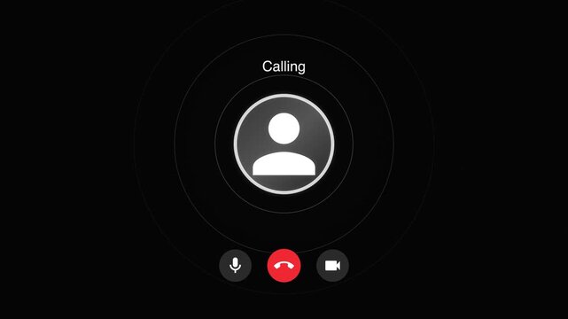 Smartphone calling interface animation, digital phone call screen with user icon, mobile communication UI on black background