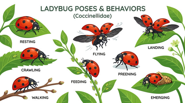 Educational illustration showing various poses and behaviors of a ladybug on green leaves.