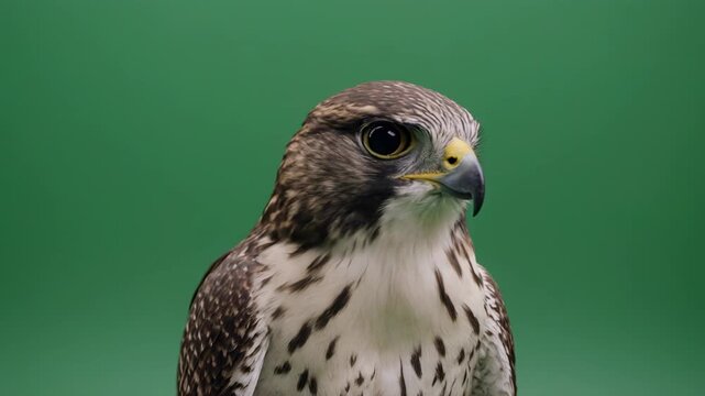 Saker Falcon head turns against a green screen during a selective focus studio shoot
