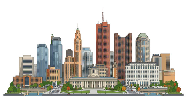 Detailed illustration of the Columbus Ohio city skyline with a white background.