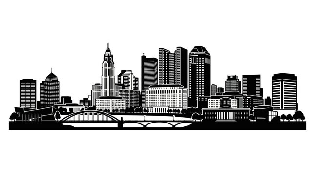 Black and white silhouette of the Columbus Ohio city skyline.