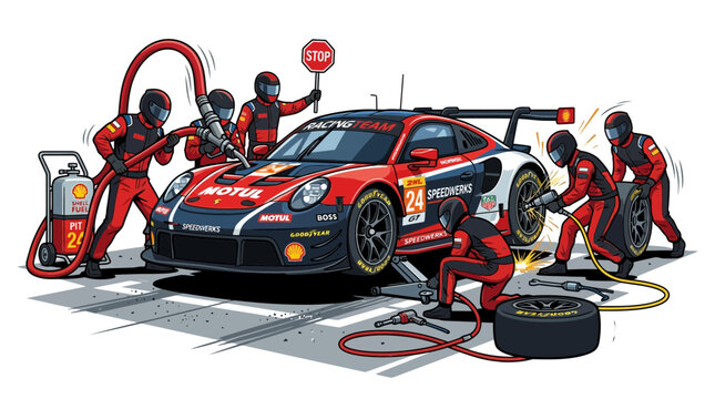 A professional racing pit crew working on a fast sports car during a race.