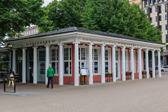 Riga, Latvia - June 24, 2026: Historic Kolonade restaurant pavilion near Bastejkalns park in Riga city