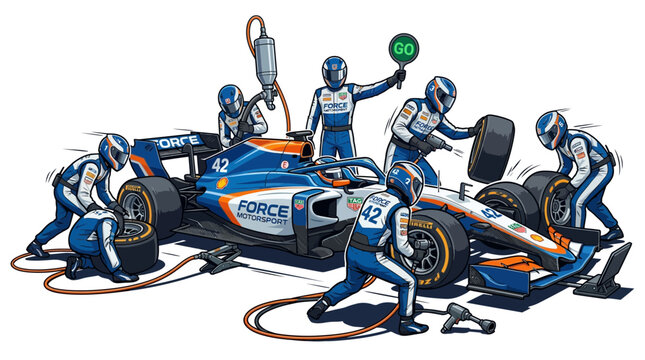 Illustration of a professional pit crew performing a fast tire change on a formula race car.