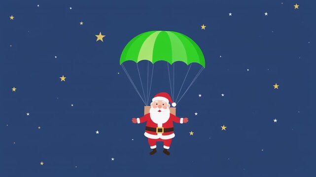 Santa Claus descending with parachute in starry night sky during Christmas celebration