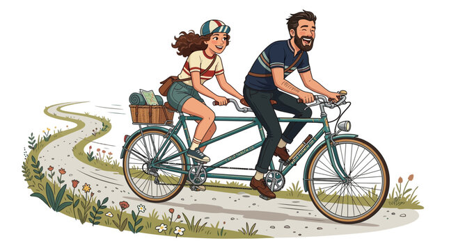 Happy young couple riding a vintage tandem bicycle along a scenic winding country path.