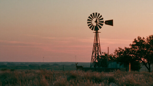 Classic Texas windmill standing alone in open farmland during early morning light