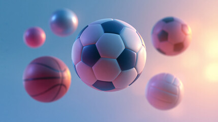 Naklejka premium Floating colorful sports balls including soccer and basketball representing athletic equipment against soft gradient light background.