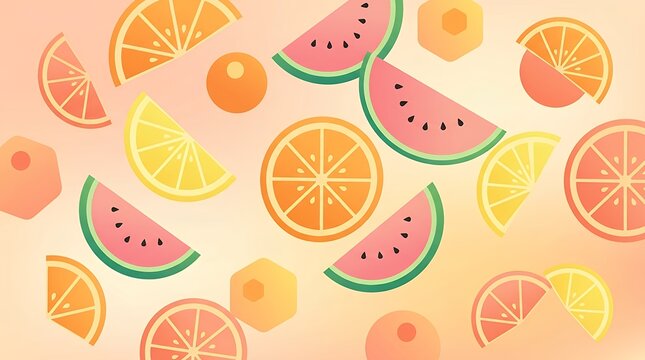 Modern seasonal background featuring stylized geometric fruit slices including citrus segments and melon wedges over a soft warm pastel backdrop fruit gradient background abstract orange lemon